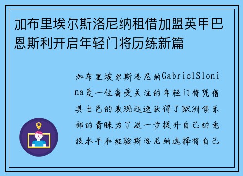 加布里埃尔斯洛尼纳租借加盟英甲巴恩斯利开启年轻门将历练新篇 加布里埃尔斯洛尼纳租借加盟英甲巴恩斯利开启年轻门将历练新篇